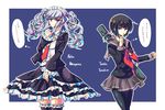  alternate_hairstyle black_hair celestia_ludenberck celestia_ludenberck_(cosplay) character_name cosplay costume_switch danganronpa danganronpa_1 glasses highres long_hair multiple_girls nobuda pantyhose pekoyama_peko pekoyama_peko_(cosplay) red_eyes school_uniform serafuku short_hair silver_hair spoilers super_danganronpa_2 thighhighs translated twintails 