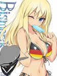  bikini bismarck_(kantai_collection) blonde_hair blue_eyes blush breasts character_name cleavage collarbone dangan_neko dated flag_print food german_flag german_flag_bikini hat headwear_removed holding holding_hat image_sample kantai_collection large_breasts long_hair looking_at_viewer multicolored multicolored_stripes navel peaked_cap pixiv_sample popsicle side-tie_bikini simple_background solo striped swimsuit twitter_username wet white_background 