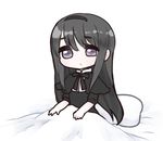  akemi_homura black_hair blanket chibi dress fc_(efushii) funeral_dress hairband long_hair looking_at_viewer mahou_shoujo_madoka_magica mahou_shoujo_madoka_magica_movie purple_eyes simple_background sitting solo spoilers under_covers white_background 