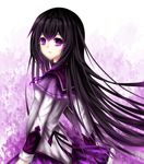  akemi_homura bad_id bad_pixiv_id black_hair from_behind gradient gradient_background hairband highres long_hair looking_at_viewer looking_back magical_girl mahou_shoujo_madoka_magica purple_background purple_eyes sheya simple_background solo standing very_long_hair 