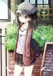  :t adapted_costume alternate_costume animal_print backpack bag brown_eyes brown_hair bunny_print cabbie_hat chalkboard contemporary cowboy_shot flat_chest hands_in_pockets hat kantai_collection menu_board mouth_hold reio_reio ryuujou_(kantai_collection) short_hair skirt solo twintails 