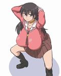  azumanga_daiou black_hair black_legwear breasts choker hands_on_own_head huge_breasts kneehighs large_breasts long_hair looking_at_viewer otoo_(izanagi) sakaki school_uniform skirt solo squatting 