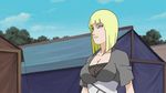  1girl animated animated_gif blonde_hair blue_eyes blue_sky bouncing_breasts breasts cleavage female kunoichi large_breasts naruto naruto_shippuuden ninja samui screencap short_hair sky solo walking 