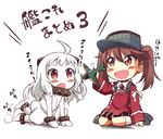  blush_stickers brown_eyes brown_hair dress fang horns kantai_collection long_hair multiple_girls northern_ocean_hime open_mouth red_eyes ryuujou_(kantai_collection) shinkaisei-kan shirt sitting skirt smile translation_request tsukishima_makoto twintails visor_cap wariza white_dress white_hair 