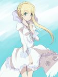  aldnoah.zero asseylum_vers_allusia blonde_hair blush braid dress eyelashes green_eyes hair_up happy highres jewelry long_hair looking_at_viewer sketch smile solo sora_shido standing white_dress 