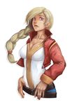  bad_deviantart_id bad_id belt blonde_hair braid breasts cleavage collarbone cowboy_shot cropped_jacket large_breasts lips long_hair nose original purple_eyes simple_background single_braid solo tan whistle_frog white_background 