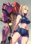  2014 ario armor artist_name bare_shoulders blonde_hair blue_eyes breasts crop_top dated gravity_suit gun hand_on_hip large_breasts long_hair looking_at_viewer metroid metroid_fusion midriff navel ponytail power_armor samus_aran shorts sleeveless solo super_smash_bros. varia_suit weapon 