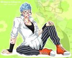  blue_hair curly_hair ghiaccio glasses hokuto_shun jojo_no_kimyou_na_bouken lipstick_mark male_focus pants red-framed_eyewear solo striped striped_pants vertical-striped_pants vertical_stripes 