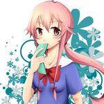  1girl cellphone female flower gasai_yuno hair_ornament hair_ribbon highres mirai_nikki phone pink_eyes pink_hair ponytail ribbon school_unfirom school_uniform solo twintails 