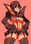 bantibox black_hair blue_eyes boots breasts garter_straps hairpods hands_on_hips kill_la_kill large_breasts matoi_ryuuko midriff multicolored_hair navel pink_background red_hair revealing_clothes short_hair smile solo suspenders thigh_boots thighhighs two-tone_hair underboob 