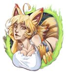  ahoge animal_ears bad_deviantart_id bad_id bent_over blonde_hair breasts chin_rest cleavage fox_ears fox_tail gap highleg highleg_panties huge_ahoge kaede_(whistle_frog) kitsune large_breasts lips looking_at_viewer nose original panties short_hair slit_pupils solo strap_gap tail underwear whistle_frog yellow_eyes 