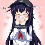  akatsuki_(kantai_collection) black_hair blush closed_eyes commentary_request covering_mouth hat kantai_collection long_hair neckerchief red_neckwear school_uniform serafuku smelling solo tenken_(gotannda) upper_body used_tissue 