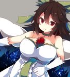  adapted_costume bad_id bad_pixiv_id bare_shoulders beni_shake bird_wings black_wings bow breasts brown_hair cape choker cleavage dress elbow_gloves gloves hair_bow large_breasts long_hair looking_at_viewer red_eyes reiuji_utsuho solo space strapless strapless_dress third_eye touhou white_dress white_gloves wings 