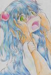  absurdres blue_hair blush colored_pencil_(medium) commentary green_eyes hair_bobbles hair_ornament hands_on_another's_cheeks hands_on_another's_face highres imminent_kiss kawashiro_nitori kitazinger long_sleeves open_mouth out_of_frame pov pov_hands shirt skirt touhou traditional_media two_side_up wide_sleeves 