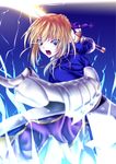  ahoge akeyama_kitsune armor armored_dress artoria_pendragon_(all) blonde_hair blue_eyes dress electricity excalibur fate/stay_night fate_(series) gauntlets glowing glowing_sword glowing_weapon hair_ribbon ribbon saber solo sword weapon 
