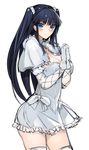  black_hair blue_eyes breasts cleavage copyright_request gloves large_breasts long_hair pupps solo thighhighs thighs white_legwear 