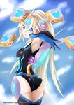  1girl android armor ass blonde_hair blue_eyes bodysuit breasts from_behind gloves huge_ass long_hair looking_at_viewer looking_back mecha_musume medium_breasts mimelex open_mouth original outstretched_hand shiny shiny_clothes shiny_skin sky solo symbol-shaped_pupils thighhighs very_long_hair 