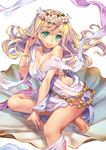  absurdres bad_id bad_pixiv_id blonde_hair breasts cleavage flower flower_wreath green_eyes head_wreath highres jam_roll large_breasts long_hair original robe shell smile solo 