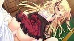  1boy 1girl artist_request ass blonde_hair bra celica_tepes_lunatica censored cum cum_in_pussy escude game_cg hanayome_to_maou long_hair panties red_eyes sex shiromochi_sakura source_request thighhighs twintails underwear 