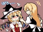  2girls :&lt; beaten blonde_hair braid bruise crossed_bandaids flandre_scarlet frown grin hat injury kirisame_marisa long_hair multiple_girls puffy_short_sleeves puffy_sleeves red_eyes rokunen short_hair short_sleeves side_braid side_ponytail smile tears touhou wings witch_hat 