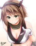  arm_behind_back bare_shoulders breasts brown_eyes cleavage gloves green_eyes hairband haryuu_(poetto) kantai_collection large_breasts leaning_forward mutsu_(kantai_collection) navel short_hair smile solo upper_body white_gloves 