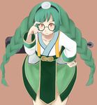  braid brown_background dress frown glasses green_dress green_hair hairband hand_on_eyewear hand_on_hip headwear leaning_forward ole_tower orange_eyes run_romes simple_background socket_wrench socket_wrench_(ole_tower) solo standing twin_braids 