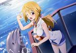  absurdres blonde_hair casual charlotte_dunois dolphin highres infinite_stratos kondou_natsuko legs long_hair non-web_source official_art one_eye_closed open_mouth ponytail purple_eyes shorts solo water 