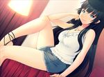  arm_support black_hair blue_eyes breasts cutoffs denim denim_shorts jewelry lamp legs long_hair looking_at_viewer mahito medium_breasts necklace original shorts sitting smile solo thighs 