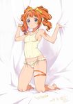  2014 :o barefoot bed_sheet blush bracelet breasts dated flower green_eyes hair_flower hair_ornament idolmaster idolmaster_(classic) inoue_sora jewelry kneeling looking_at_viewer orange_hair sheet_grab sideboob signature small_breasts solo swimsuit takatsuki_yayoi tankini textless thigh_strap twintails yellow_swimsuit 