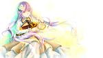  biwa_lute chain dress flower hair_flower hair_ornament highres instrument long_hair lute_(instrument) musical_note purple_eyes purple_hair smile touhou tsukumo_benben yuren 