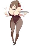  bifidus bow bowtie brown_eyes brown_hair bunnysuit cup detached_collar drinking_glass ise_(kantai_collection) kantai_collection leotard pantyhose ponytail short_hair tray wine_glass wrist_cuffs 