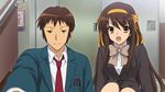  1girl bangs brown_eyes brown_hair game_cg hair_ribbon highres kita_high_school_uniform kouyouen_academy_uniform kyon long_hair looking_at_viewer necktie non-web_source official_art open_mouth ribbon school_uniform sitting smile suzumiya_haruhi suzumiya_haruhi_no_shoushitsu suzumiya_haruhi_no_tsuisou suzumiya_haruhi_no_yuuutsu 