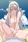  areola_slip areolae bad_id bad_pixiv_id bare_shoulders bikini blush breasts brown_eyes cloud collarbone covered_nipples covering covering_breasts covering_crotch day hairband kantai_collection large_breasts long_hair looking_at_viewer navel ruuto_(sorufu) shoukaku_(kantai_collection) silver_hair sitting sky slingshot_swimsuit solo spread_legs swimsuit white_bikini 