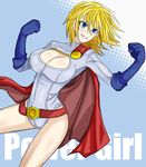  1girl belt blonde_hair blue_eyes character_name cleavage_cutout cutout dc_comics female gloves grin highres kryptonian leotard long_sleeves power_girl short_hair smile solo superman_(series) tsurugi_(lear3617) 