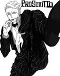  5_1_0stars cigarette foreshortening formal greyscale highres jewelry jojo_no_kimyou_na_bouken male_focus monochrome necklace prosciutto solo suit 