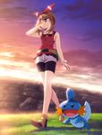  1girl bike_shorts bow haruka_(pokemon) haruka_(pokemon)_(remake) mudkip pokemon pokemon_(game) pokemon_oras sleeveless sunset undershirt walking 