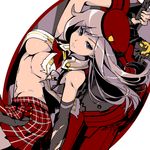  alisa_ilinichina_amiella arm_up black_gloves blue_eyes breasts brown_hair fingerless_gloves gloves god_eater god_eater_2:_rage_burst hat huge_weapon large_breasts long_hair plaid plaid_skirt skirt solo torn_clothes transpot_nonoko underboob weapon white_background 