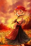  aki_minoriko apron blonde_hair food fruit grapes hat hat_ornament holding kutsuki_kai long_skirt looking_at_viewer open_mouth orange_(color) orange_eyes print_apron red_apron short_hair skirt smile solo sunset touhou wheat wheat_field 