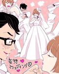  1girl bare_shoulders black_hair blue_eyes bouquet bridal_veil brown_hair dress elbow_gloves flower formal glasses gloves heart jewelry mio_(ressha_sentai_toqger) necklace ressha_sentai_toqger short_hair suit super_sentai tokatti_(ressha_sentai_toqger) urab veil wedding_dress 