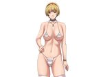  1girl bare_shoulders bikini blonde_hair blue_eyes breasts choker collarbone cross cross_necklace female frilled_bikini frilled_choker frills game_cg gluteal_fold hairband hand_on_hip highres large_breasts legs looking_at_viewer mamiya_marisa micro_bikini navel sei_shoujo short_hair simple_background solo standing starless swimsuit thighs transparent_background white_background white_legwear will_(company) 