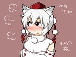  :t animal_ears blush detached_sleeves hat inubashiri_momiji pout red_eyes ribbon-trimmed_sleeves ribbon_trim rokunen short_hair tokin_hat touhou white_hair wolf_ears 