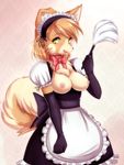  breasts canine dog female fluffy_tail maid maid_uniform mammal nipples open_mouth pomeranian rika_(character) smile solo white-castle 