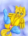  bed bedroom_eyes blonde_hair blue_eyes bunny_darien clothing equine feathers female fur golden_ticket hair hooves horn long_hair looking_at_viewer lying mammal my_little_pony on_back on_bed original_character panties presenting smile solo spread_legs spreading tongue underwear winged_unicorn wings yellow_fur 