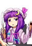 arm bad_id bad_pixiv_id cup dai-erie feathers frilled_sleeves frills hat jitome long_hair mob_cap out_of_frame patchouli_knowledge purple_eyes purple_hair solo_focus table tea teacup touhou 