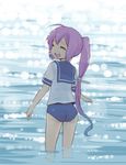  closed_eyes i-168_(kantai_collection) kantai_collection long_hair looking_back nagian open_mouth ponytail red_hair school_swimsuit school_uniform serafuku smile swimsuit swimsuit_under_clothes wading water 