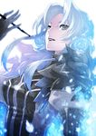  1girl blue flower gloves grey_eyes lipstick long_hair makeup pale_skin rose roses white_hair 