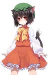  animal_ears black_nails bow brown_hair cat_ears cat_tail chen crote earrings expressionless frilled_skirt frills hat highres jewelry multiple_tails nail_polish nekomata orange_eyes shirt short_hair skirt tail touhou transparent_background two_tails vest 