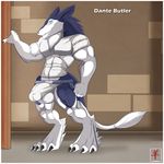  2014 aaron_(artist) anthro balls bulge looking_at_viewer male mammal muscles penis sergal smile solo 