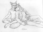  2014 anthro belt canine clothed clothing duo eyes_closed fox fur leaning male mammal marcus reis rukis sitting smile wolf 