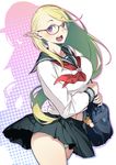  aqua_panties bag blonde_hair blush breasts elf glasses halftone large_breasts long_hair open_mouth original panties pointy_ears purple_eyes school_bag school_uniform serafuku shoulder_bag skirt smile solo twinpoo underwear 